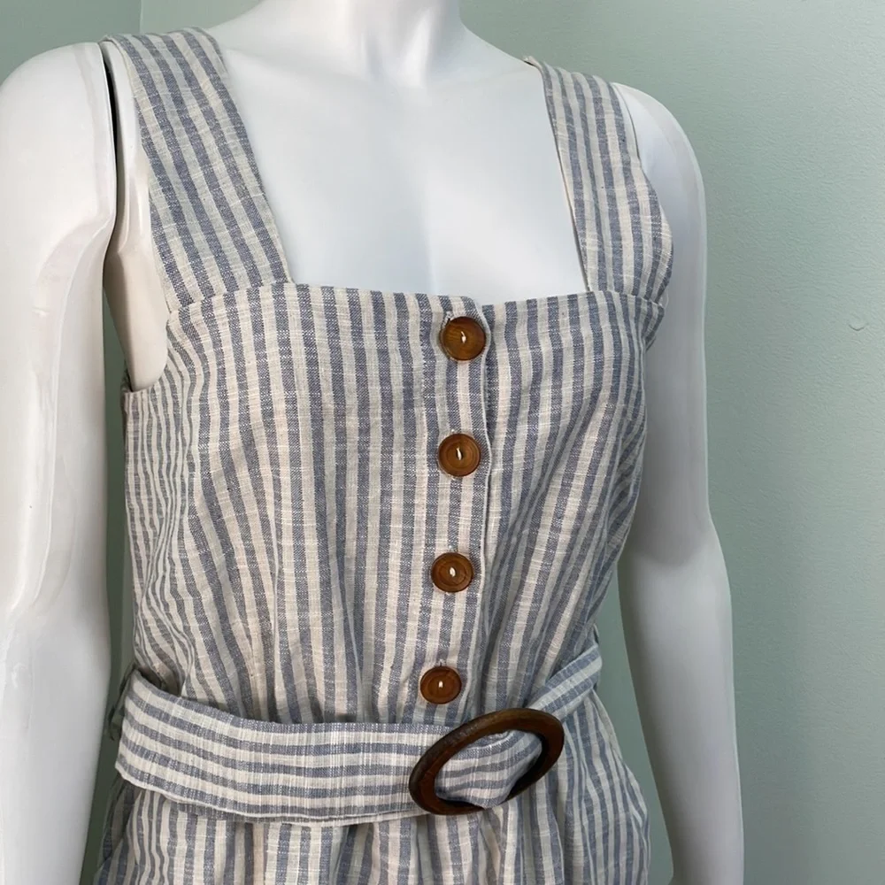 Zara linen blend white & blue striped belted romper jumpsuit NEW
